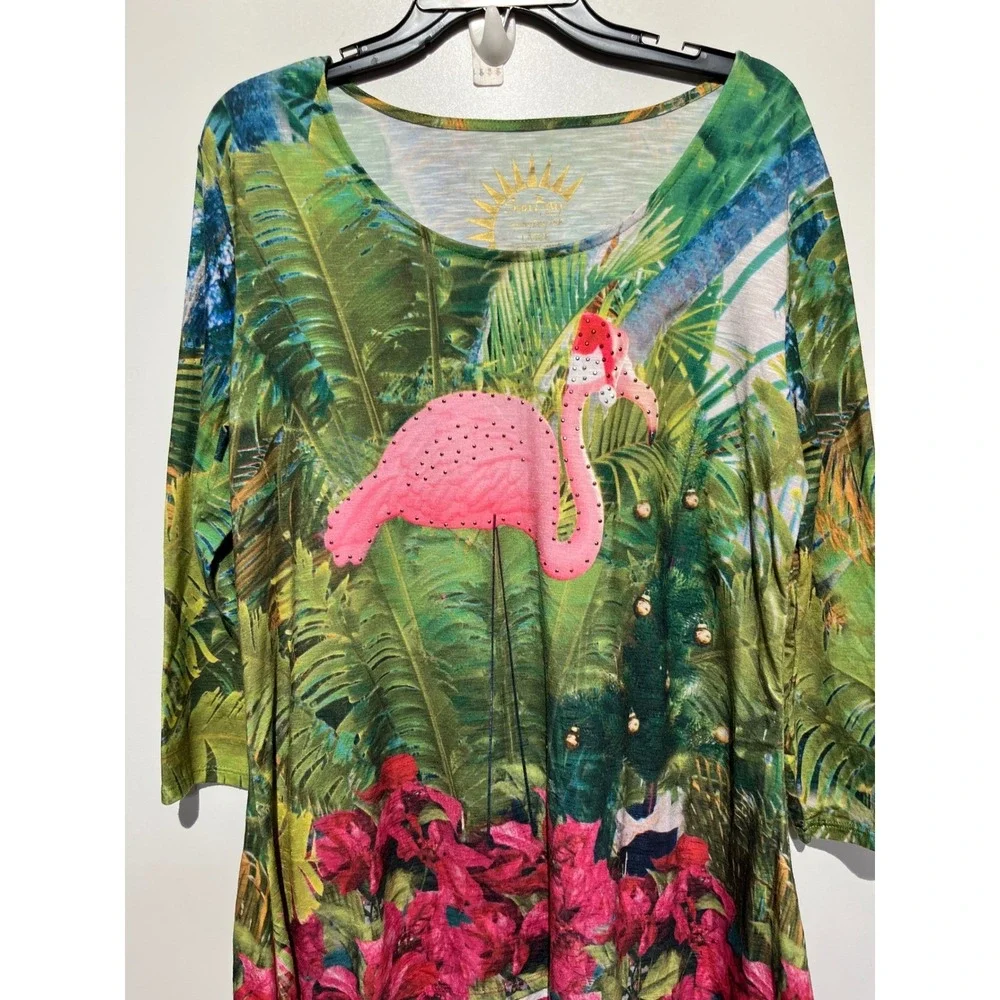 Sun Bay Flamingo Christmas Tropical Tunic Top Large UPF 30 3/4 Sleeve Green Pink